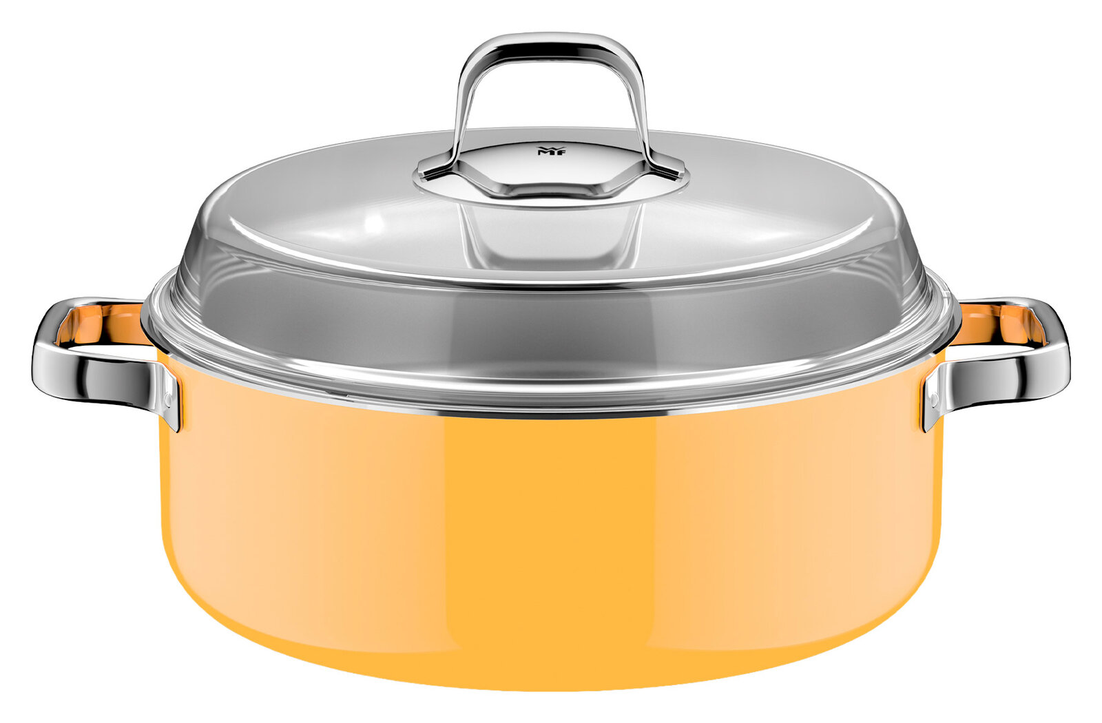 WMF Stoofpan met deksel FUSIONTEC MINERAL PRO Schmortopf 28cm mit Deckel in gelber Farbe, aus der Vorderansicht fotografiert.