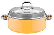 Stoofpan van 28 cm met deksel in de kleur geel, gefotografeerd vanaf de voorkant.