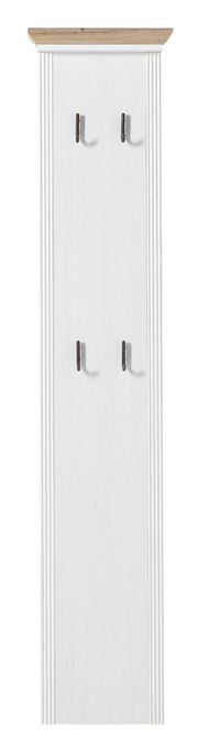 Schmales Garderobenpaneel in Weiß mit vier Haken und einer Holzablage, Frontalansicht