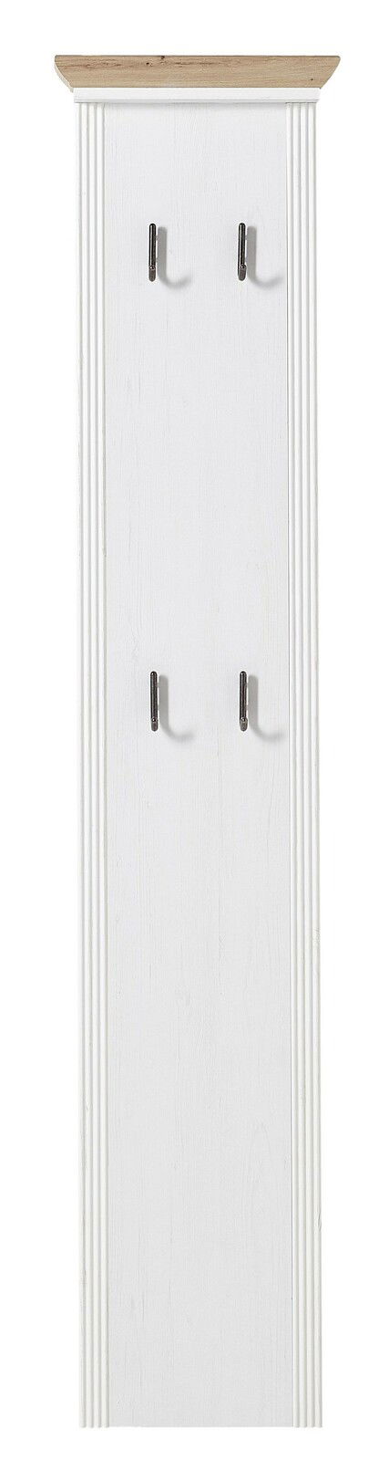 Schmales Garderobenpaneel in Weiß mit vier Haken und einer Holzablage, Frontalansicht