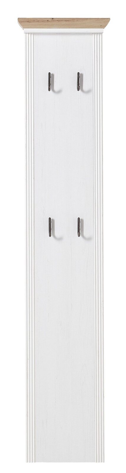 Schmales Garderobenpaneel in Weiß mit vier Haken und einer Holzablage, Frontalansicht