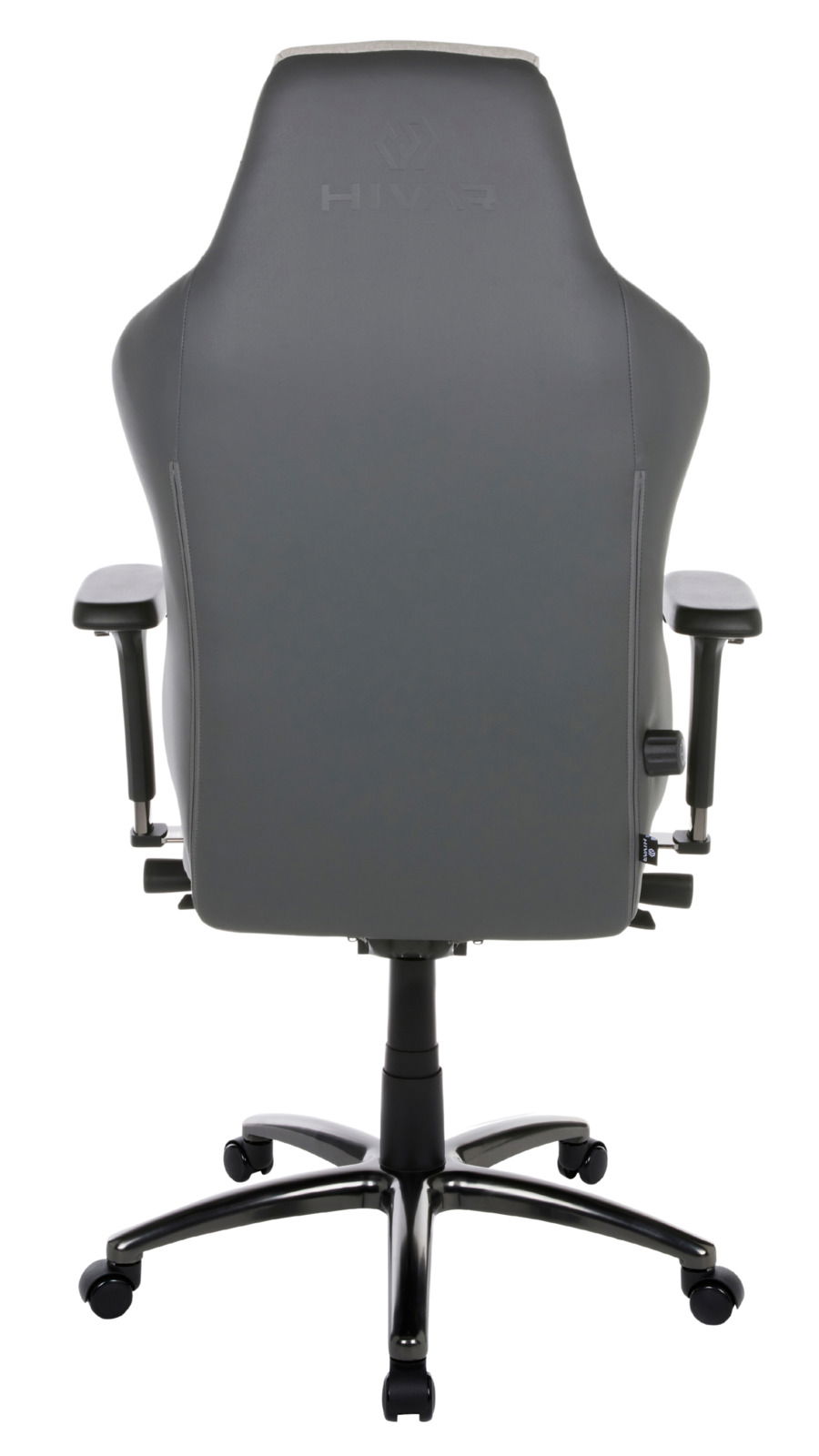 Rückansicht eines grauen Gaming-Stuhls mit Armlehnen und Rollen