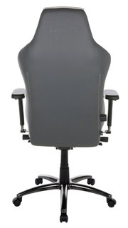 Rückansicht eines grauen Gaming-Stuhls mit Armlehnen und Rollen