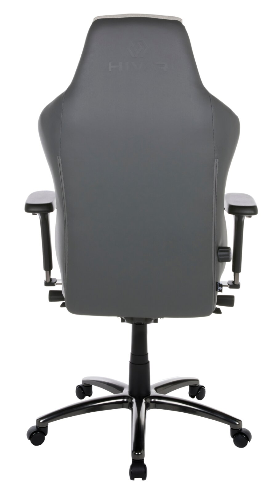 Rückansicht eines grauen Gaming-Stuhls mit Armlehnen und Rollen