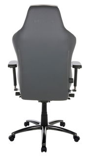 Rückansicht eines grauen Gaming-Stuhls mit Armlehnen und Rollen