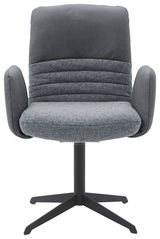 Grauer Armlehnstuhl mit gepolstertem Sitz und Rückenlehne, Vorderansicht