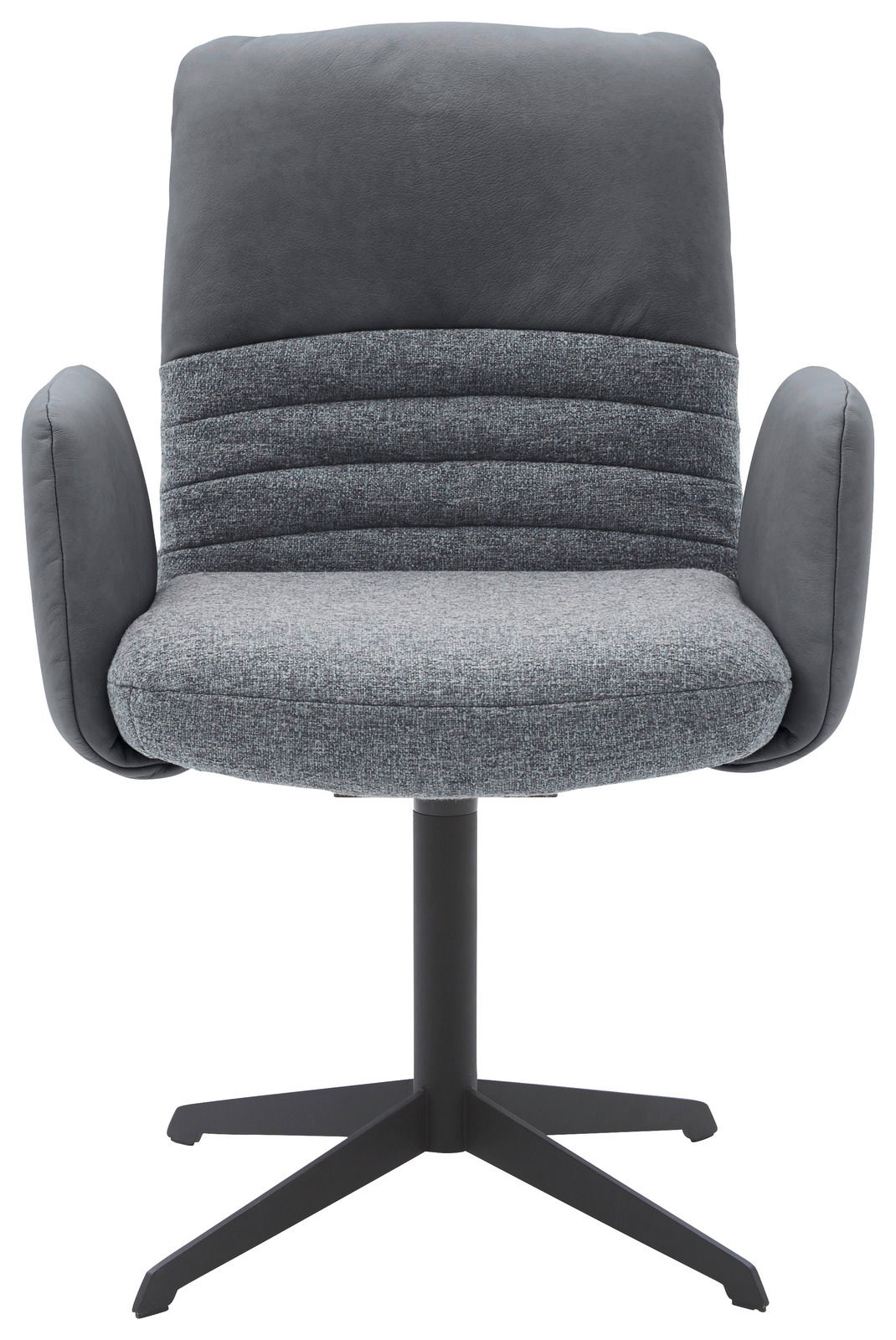 Grauer Armlehnstuhl mit gepolstertem Sitz und Rückenlehne, Vorderansicht