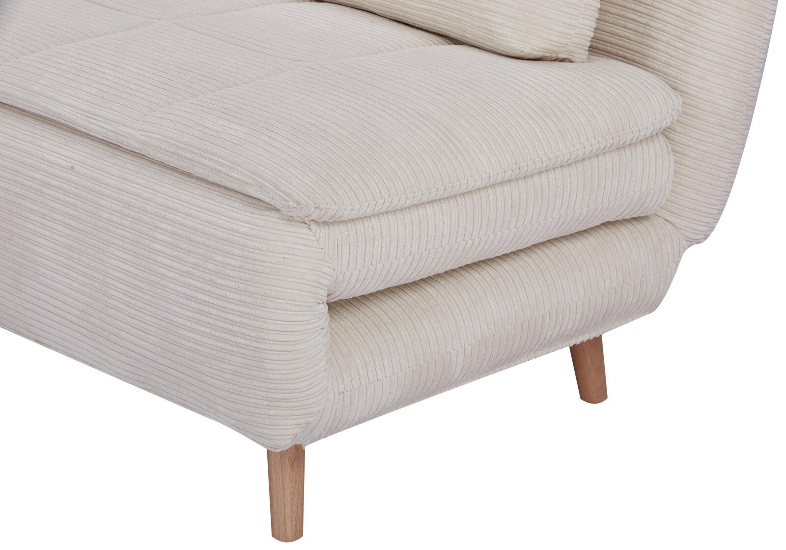 Nahaufnahme eines beigen Funktionssessels mit geripptem Stoffbezug und Holzbeinen, seitliche Perspektive.