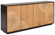 Moderne Anrichte/Sideboard mit schwarzem Korpus und Front aus hellem Holz mit Baumstamm-Querschnitt-Motiv, schräg von vorn (Frontansicht in leichter Perspektive)