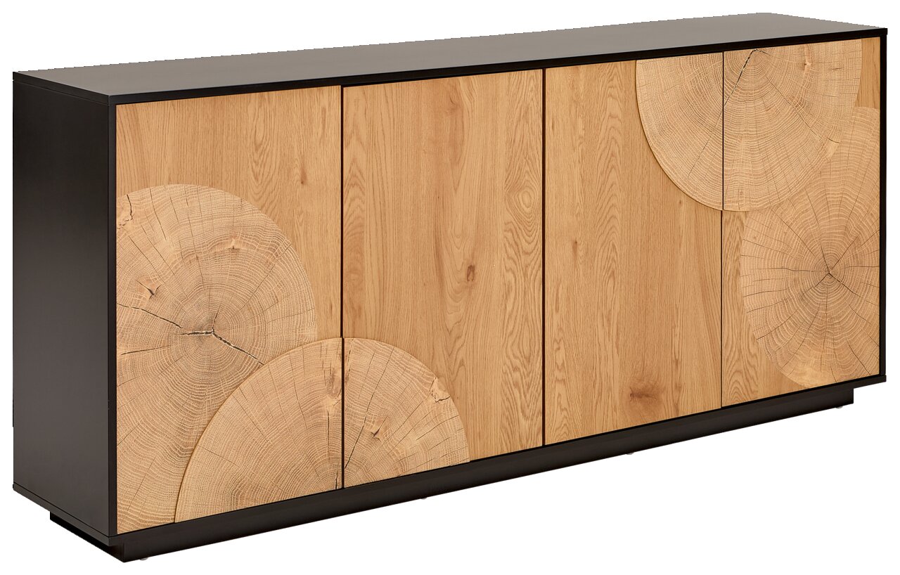 XORA Sideboard WOODY Moderne Anrichte/Sideboard mit schwarzem Korpus und Front aus hellem Holz mit Baumstamm-Querschnitt-Motiv, schräg von vorn (Frontansicht in leichter Perspektive)