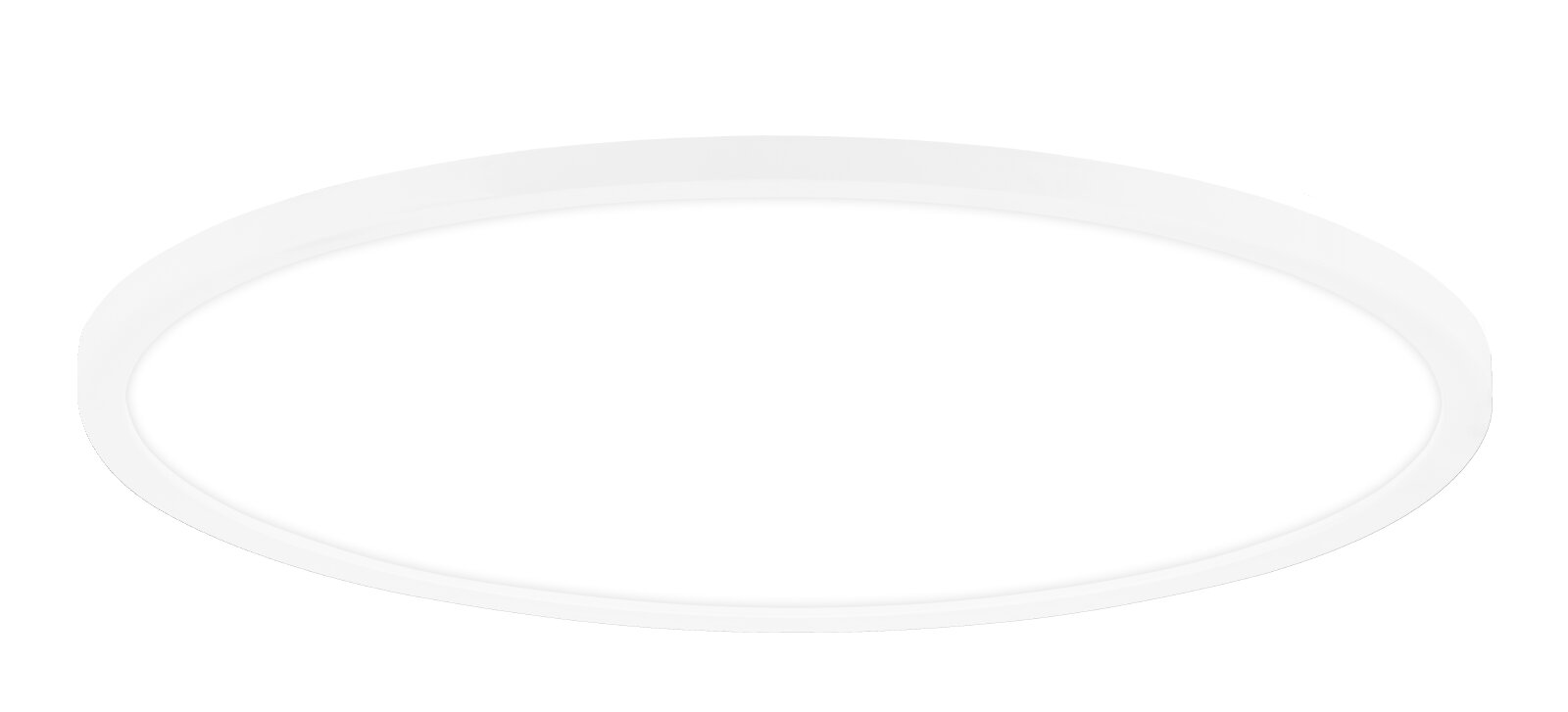 Witte ovale LED-plafondlamp met vlak, minimalistisch design, gezien in licht schuin bovenaanzicht tegen een grijze achtergrond