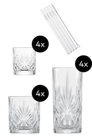 Set aus 17 Teilen bestehend aus 8 Kristallgläsern in zwei Größen und 5 Glasstrohhalmen mit Reinigungsbürste, seitliche Ansicht.