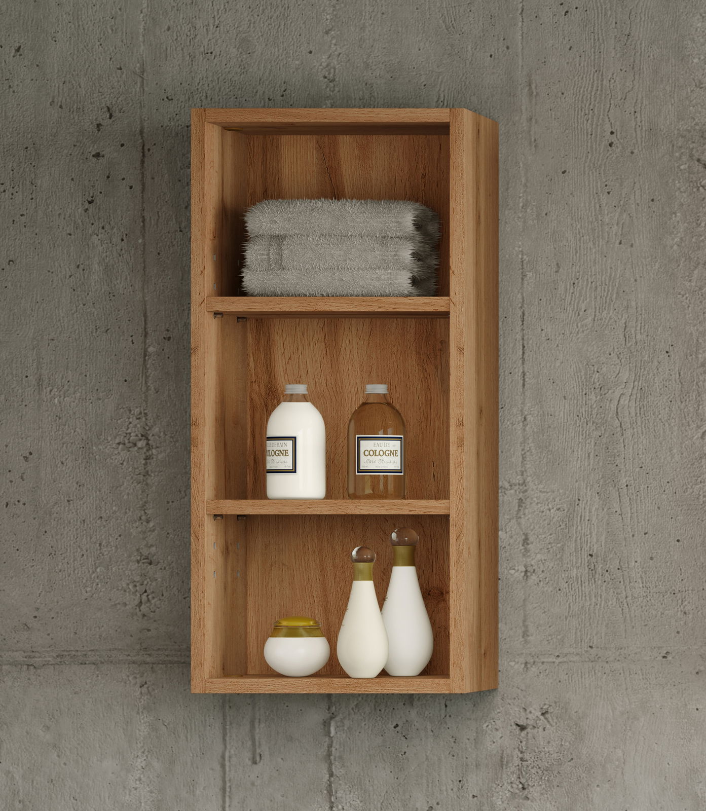 Hängeregal aus Holz mit drei Regalböden, gefüllt mit Handtüchern und Flaschen, frontal betrachtet.