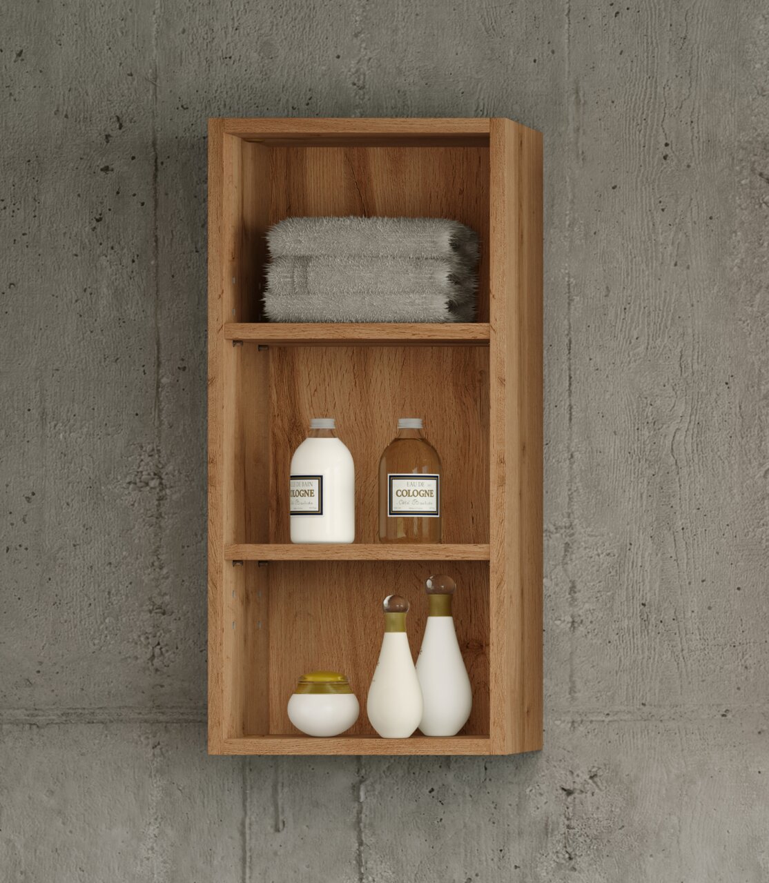 Hängeregal aus Holz mit drei Regalböden, gefüllt mit Handtüchern und Flaschen, frontal betrachtet.