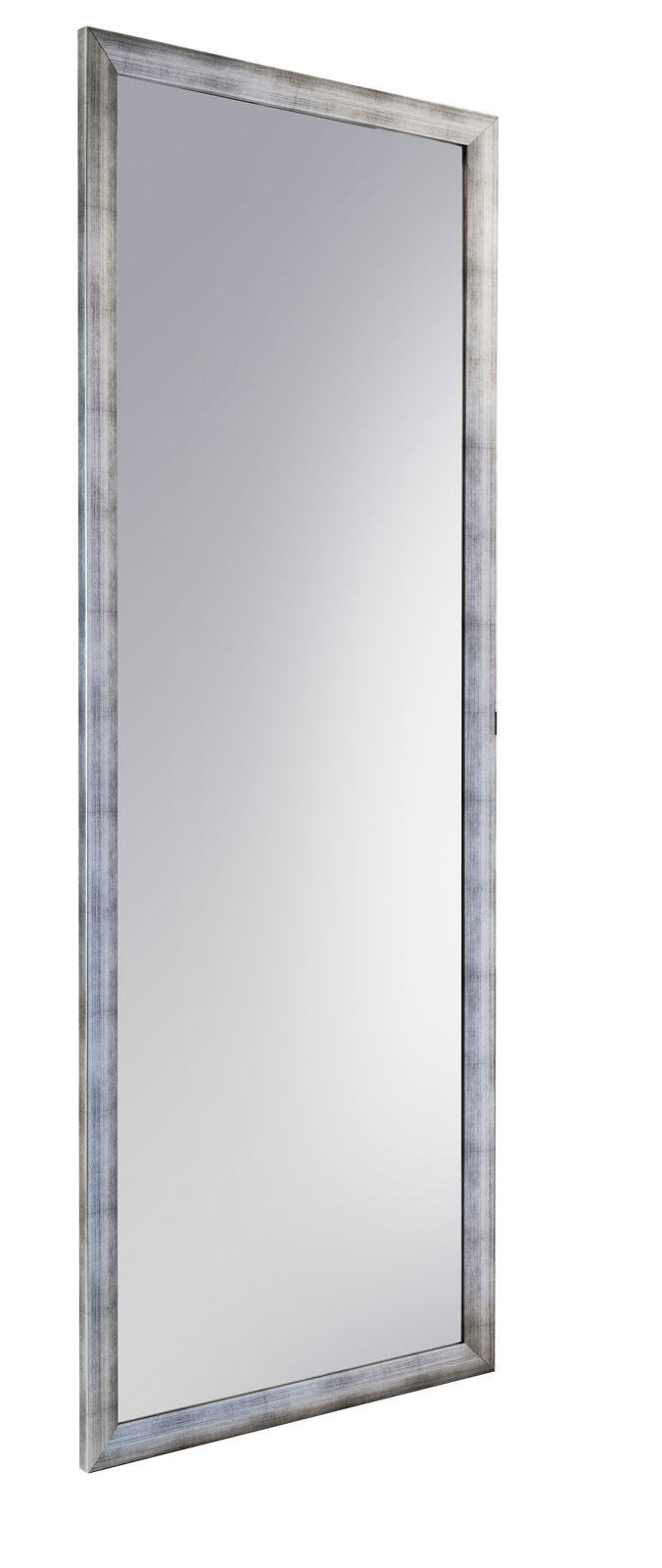 Rechteckiger Spiegel mit silbernem Rahmen, seitliche Perspektive