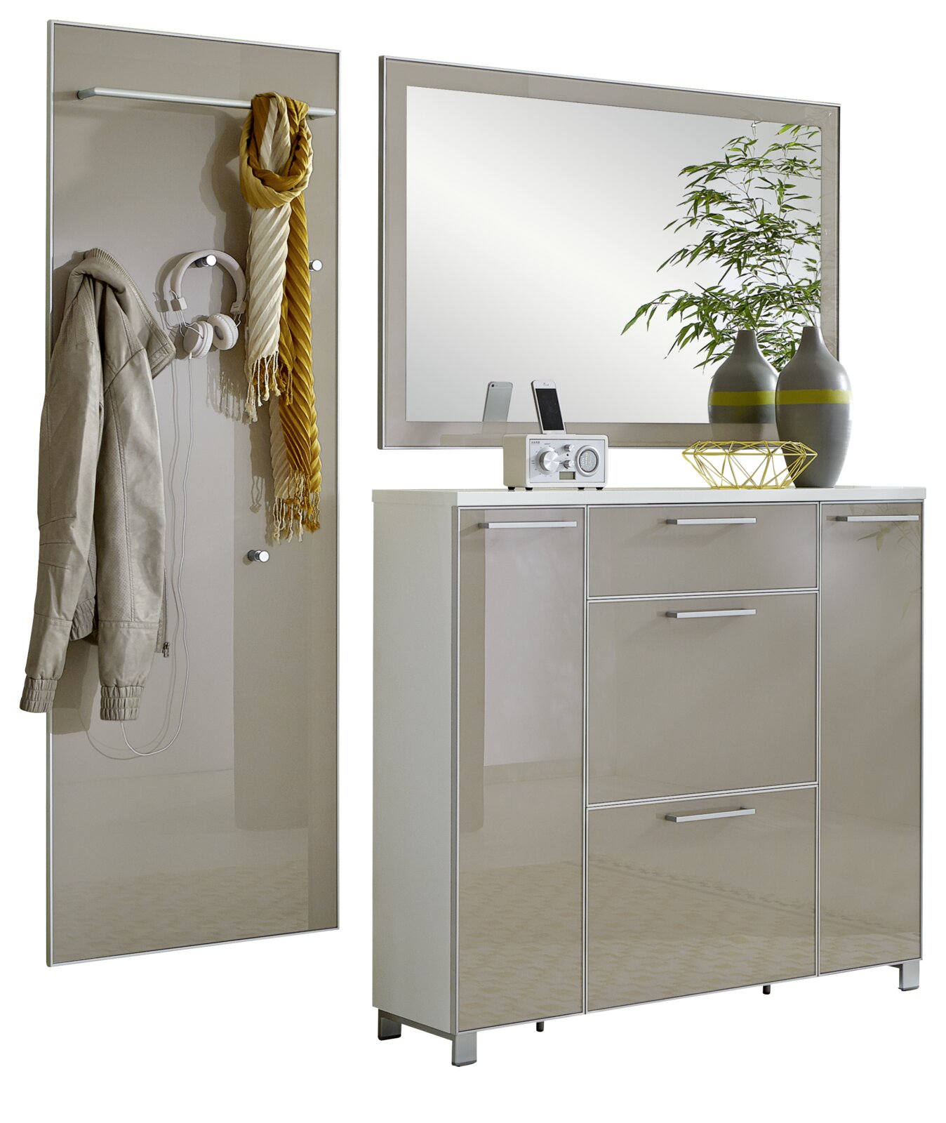 Garderoben-Set 3-tlg. mit Spiegel, Schrank und Wandpaneel, seitliche Perspektive