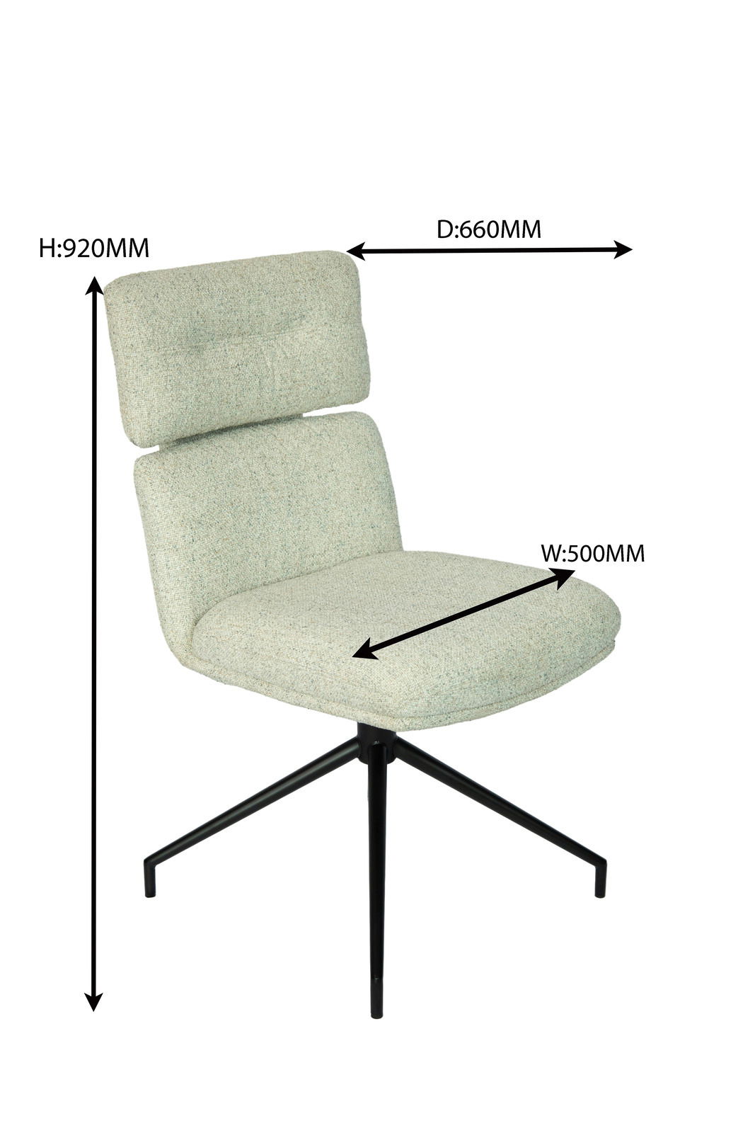 Moderner Stuhl mit hellgrauem Stoffbezug und schwarzem Metallgestell, seitliche Perspektive