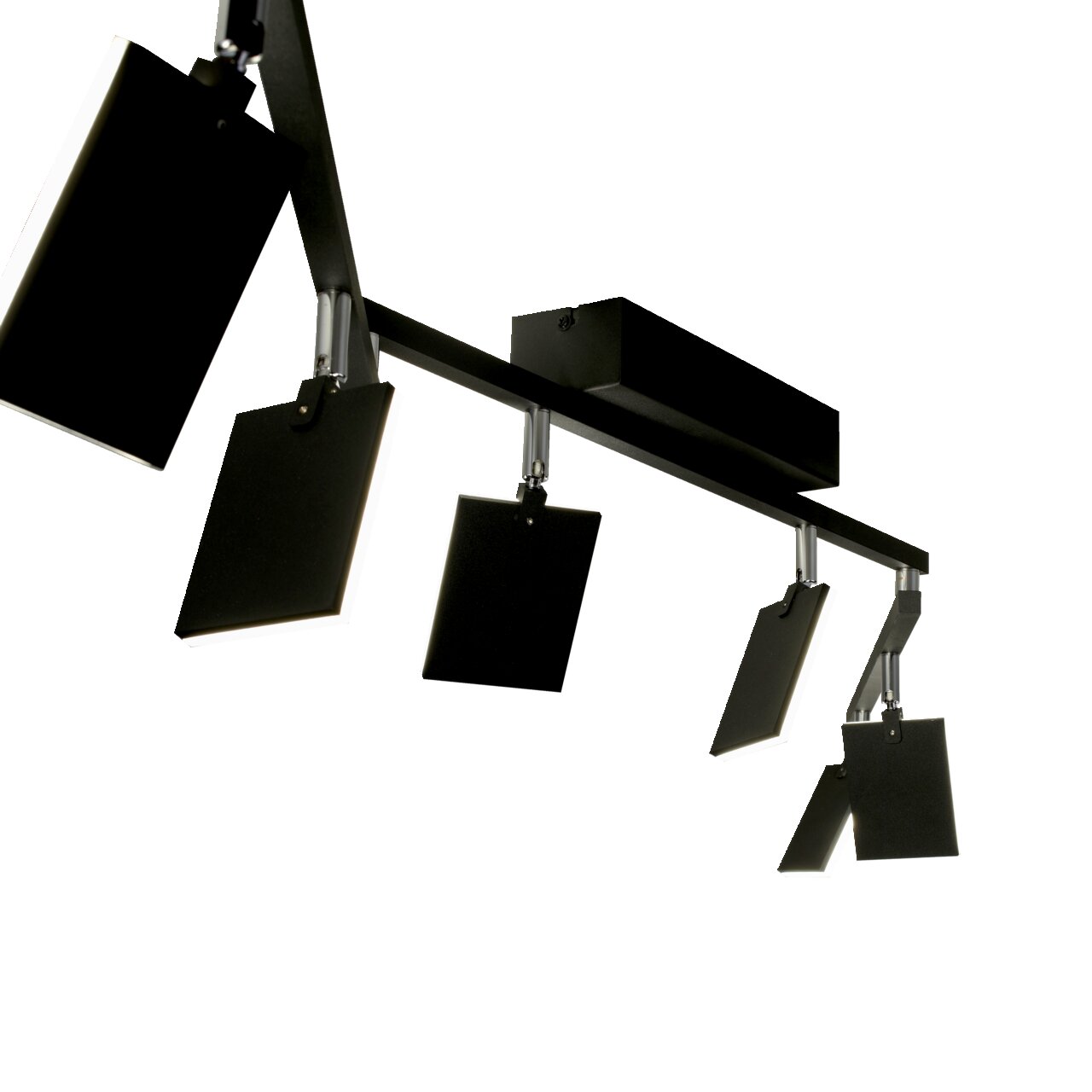 Moderne Deckenleuchte PURE-MIRA mit mehreren rechteckigen, verstellbaren Leuchtelementen in schwarzem Design, seitliche Perspektive.