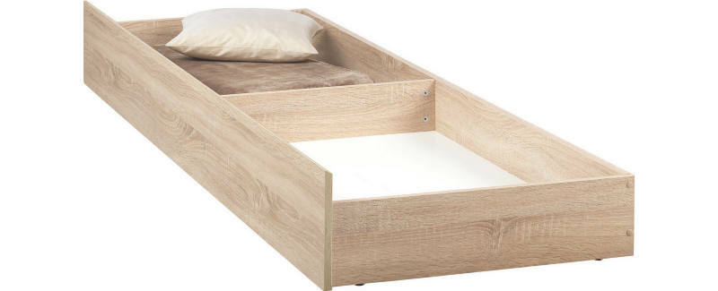 Z2 Bettschubkasten MALMÖ Bettschubkasten aus Holz in heller Eichenoptik, perspektivisch von vorne rechts fotografiert, mit Kissen und Decke.