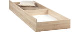 Bettschubkasten aus Holz in heller Eichenoptik, perspektivisch von vorne rechts fotografiert, mit Kissen und Decke.