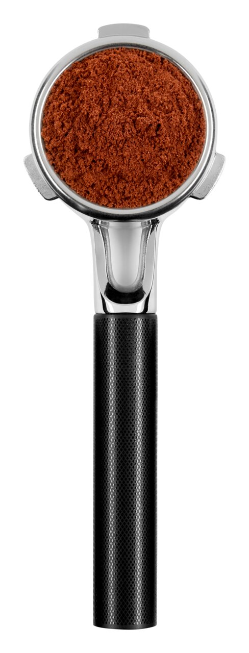 Portafilter mit frisch gemahlenem Kaffee, Ansicht von oben