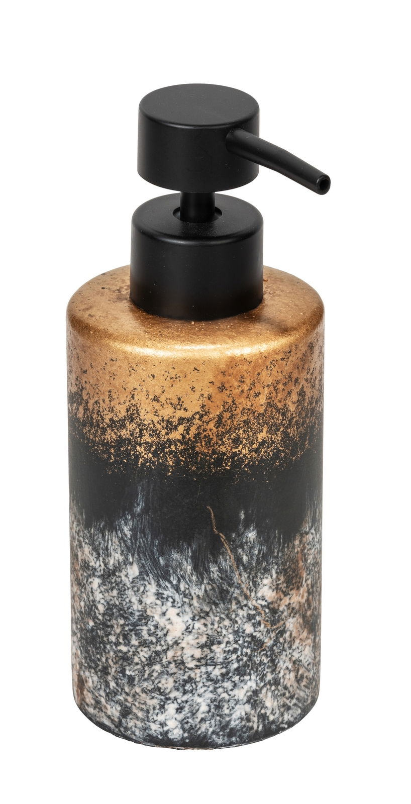 Moderner Seifenspender Lacona mit gold-schwarzem Marmoreffekt, seitliche Perspektive