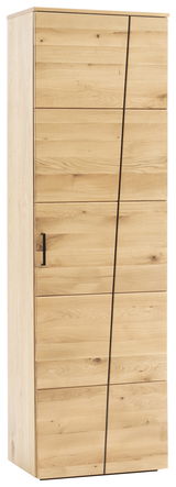 Moderner Garderobenschrank aus hellem Holz mit asymmetrischem Design, seitliche Perspektive