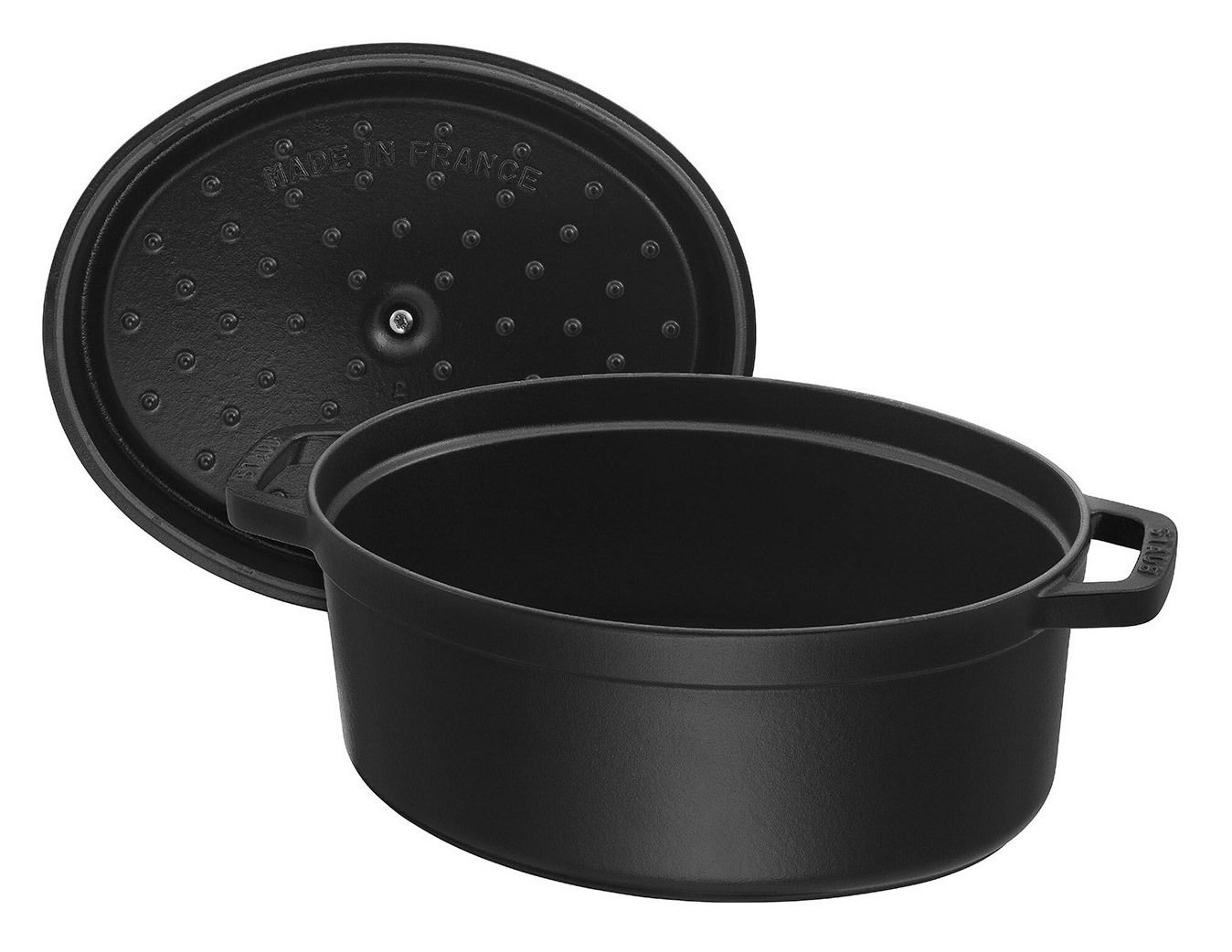 Schwarzer ovaler Bräter Cocotte 29cm mit geöffnetem Deckel, seitliche Perspektive