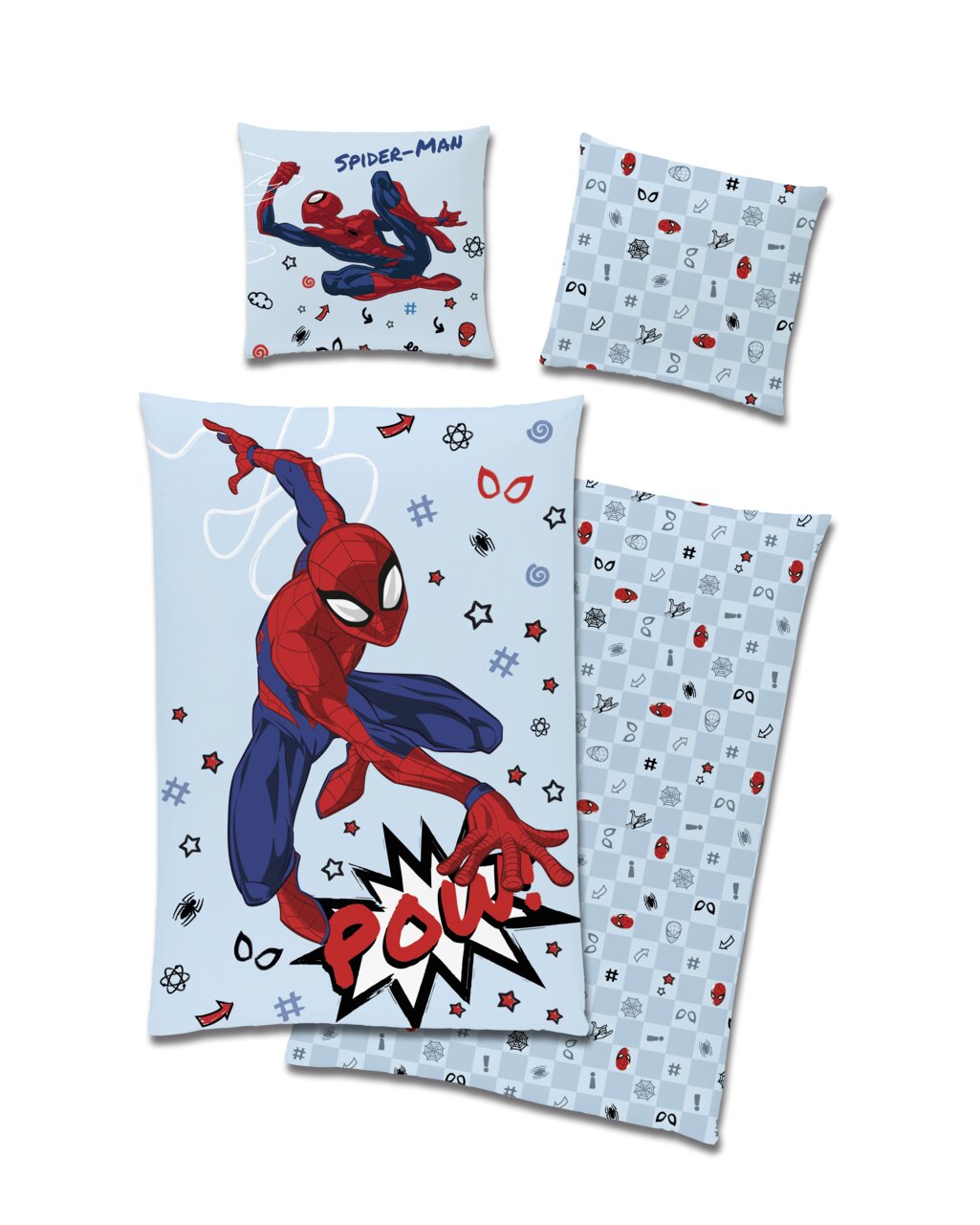 Bettwäsche-Set mit Spider-Man-Motiv, bestehend aus einem großen und zwei kleinen Kissenbezügen sowie einem Bettdeckenbezug, in einer Draufsicht präsentiert.