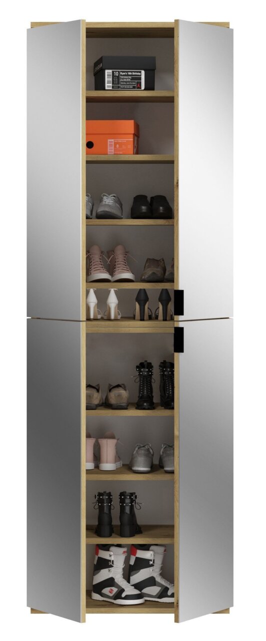 Garderobenschrank mit Spiegel, gefüllt mit verschiedenen Schuhen, aus frontaler Perspektive.