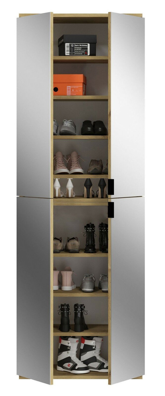 Garderobenschrank mit Spiegel, gefüllt mit verschiedenen Schuhen, aus frontaler Perspektive.