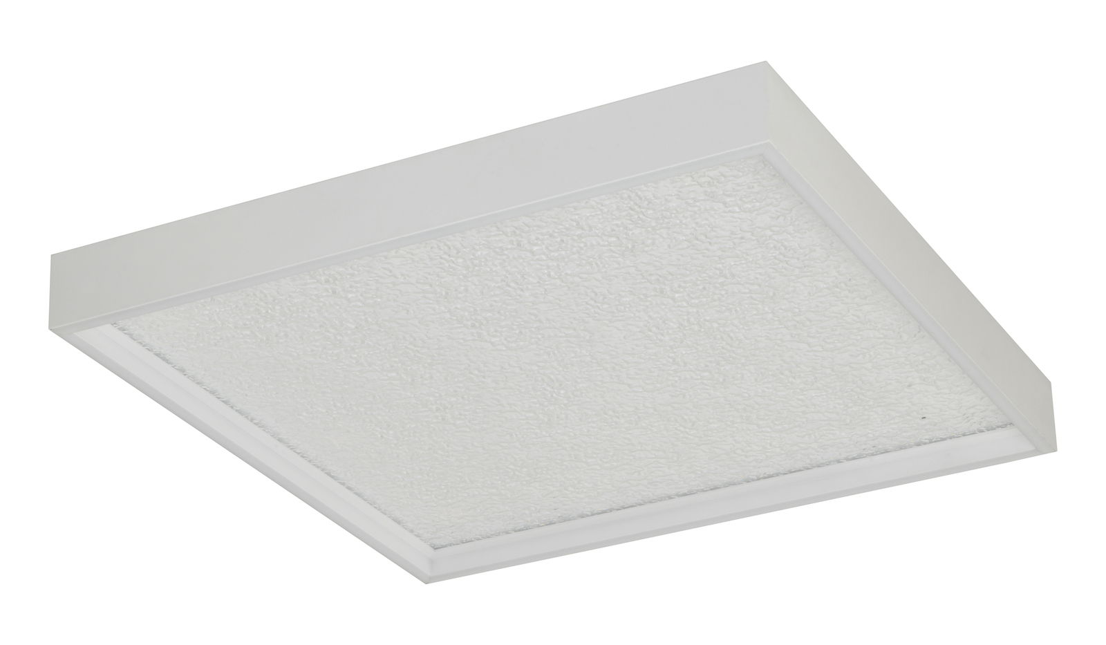 Quadratische LED-Deckenleuchte in Weiß, seitliche Perspektive