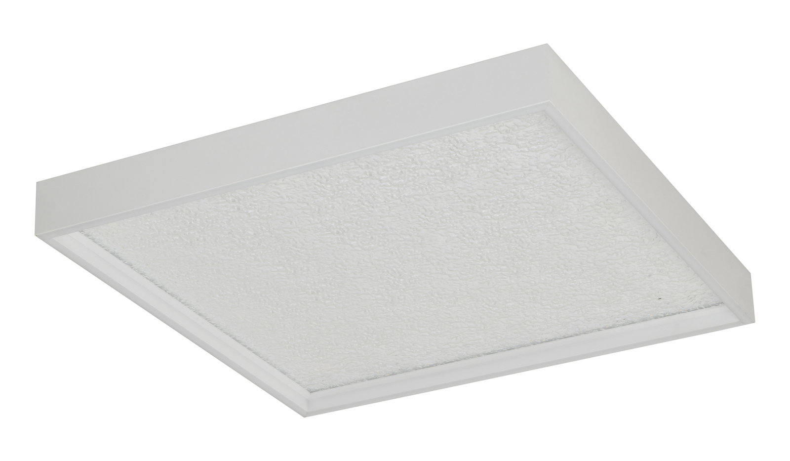 Quadratische LED-Deckenleuchte in Weiß, seitliche Perspektive