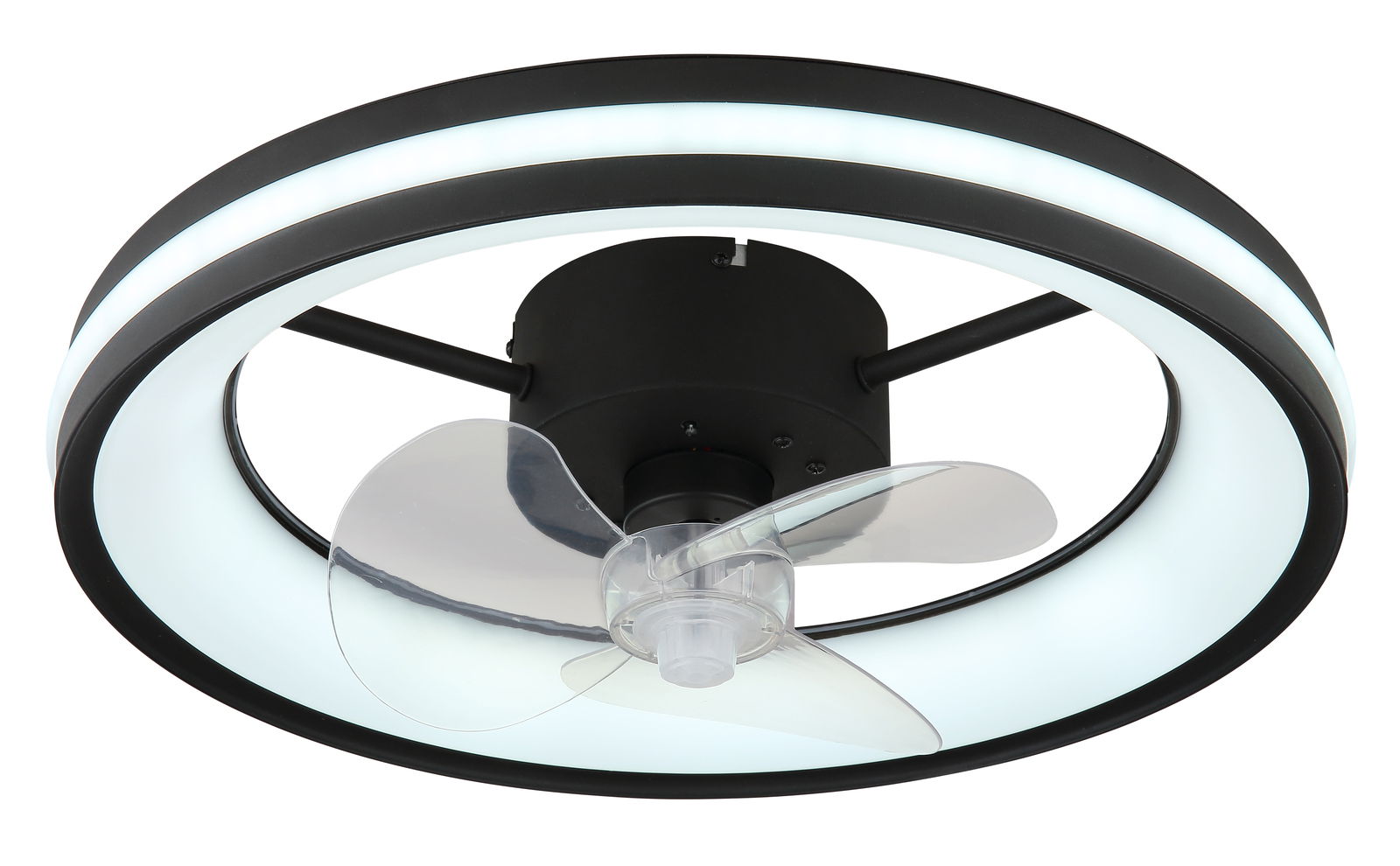 Moderner Deckenventilator mit LED-Beleuchtung, seitliche Perspektive
