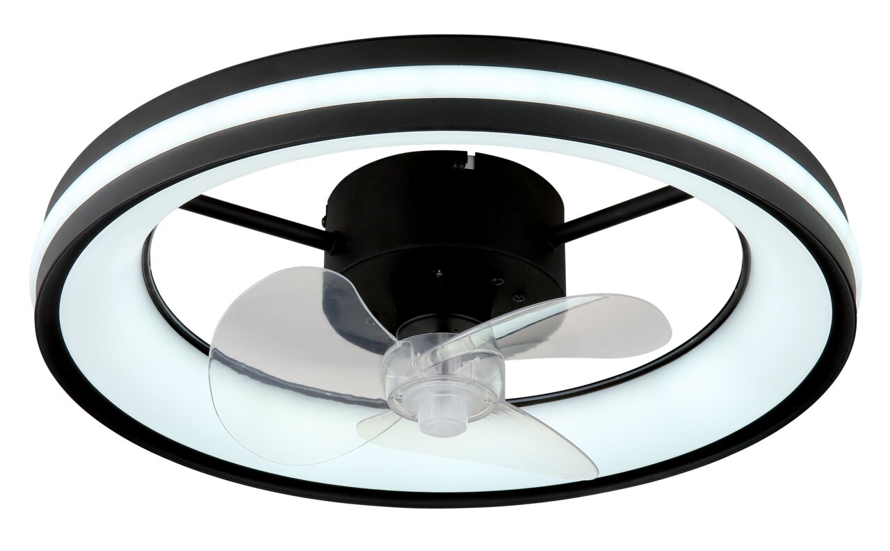 Moderner Deckenventilator mit LED-Beleuchtung, seitliche Perspektive