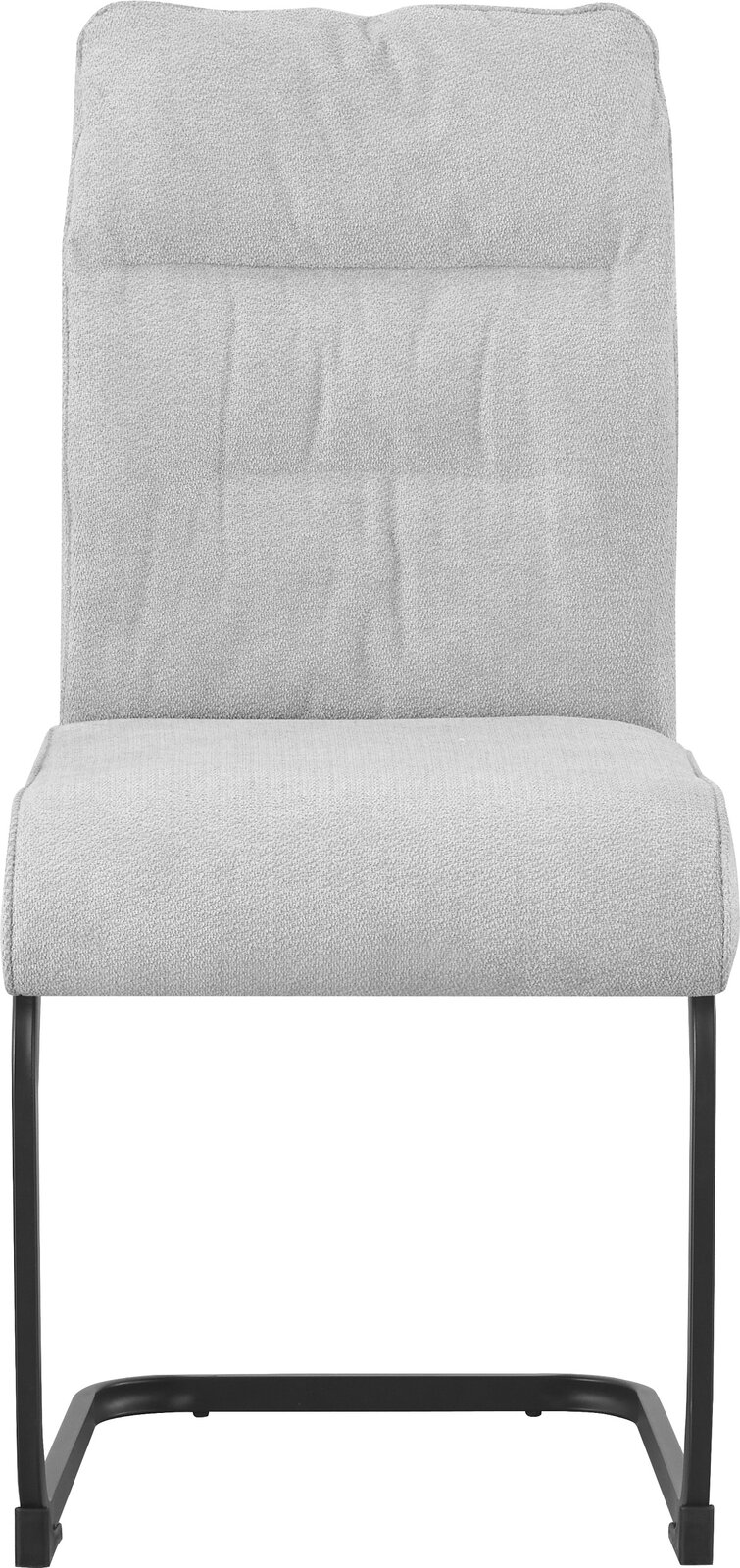 Beiger, gepolsterter Polsterstuhl mit strukturierter Stoffoberfläche und schwarzem Metall-Schwinggestell, frontal aus der Vorderansicht freigestellt auf weißem Hintergrund.