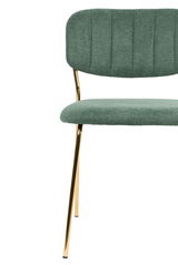 Vorderansicht eines modernen Stuhls mit grünem Stoffbezug und goldenen Metallbeinen.