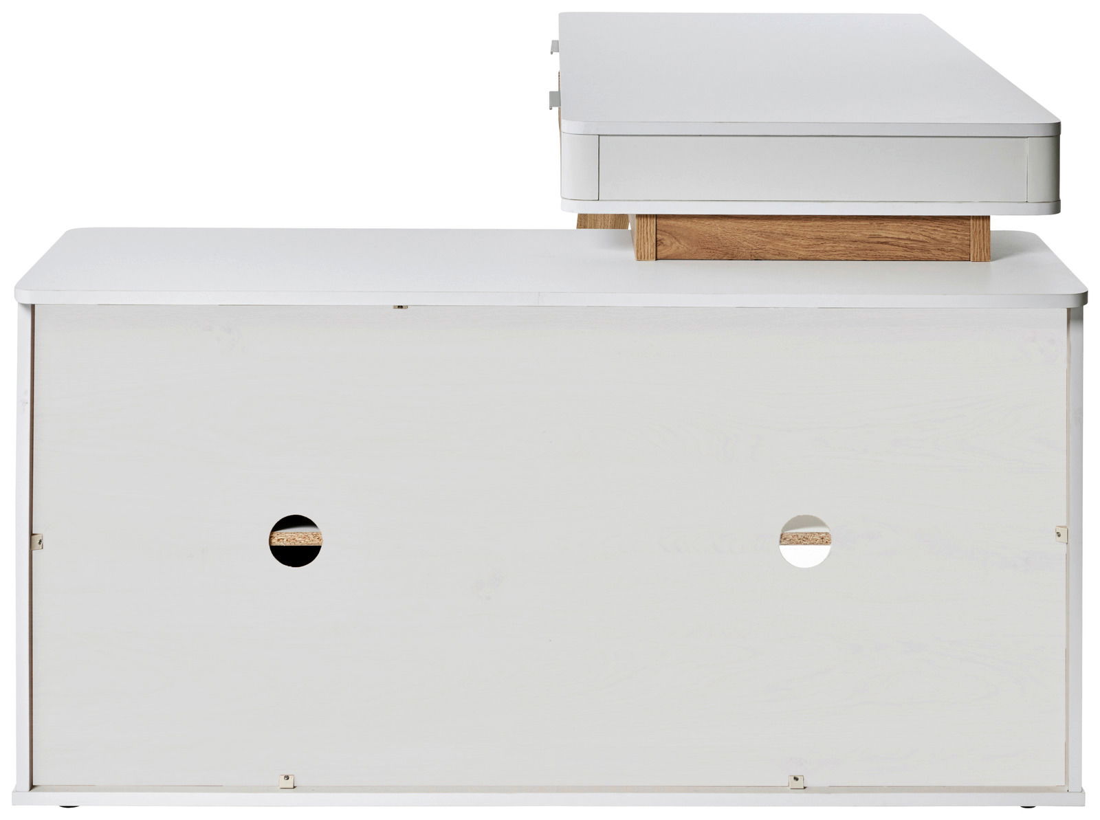 Eck-Schreibtisch mit Anbau in weißer Farbe, seitliche Perspektive, mit zwei runden Kabeldurchführungen auf der Rückseite.