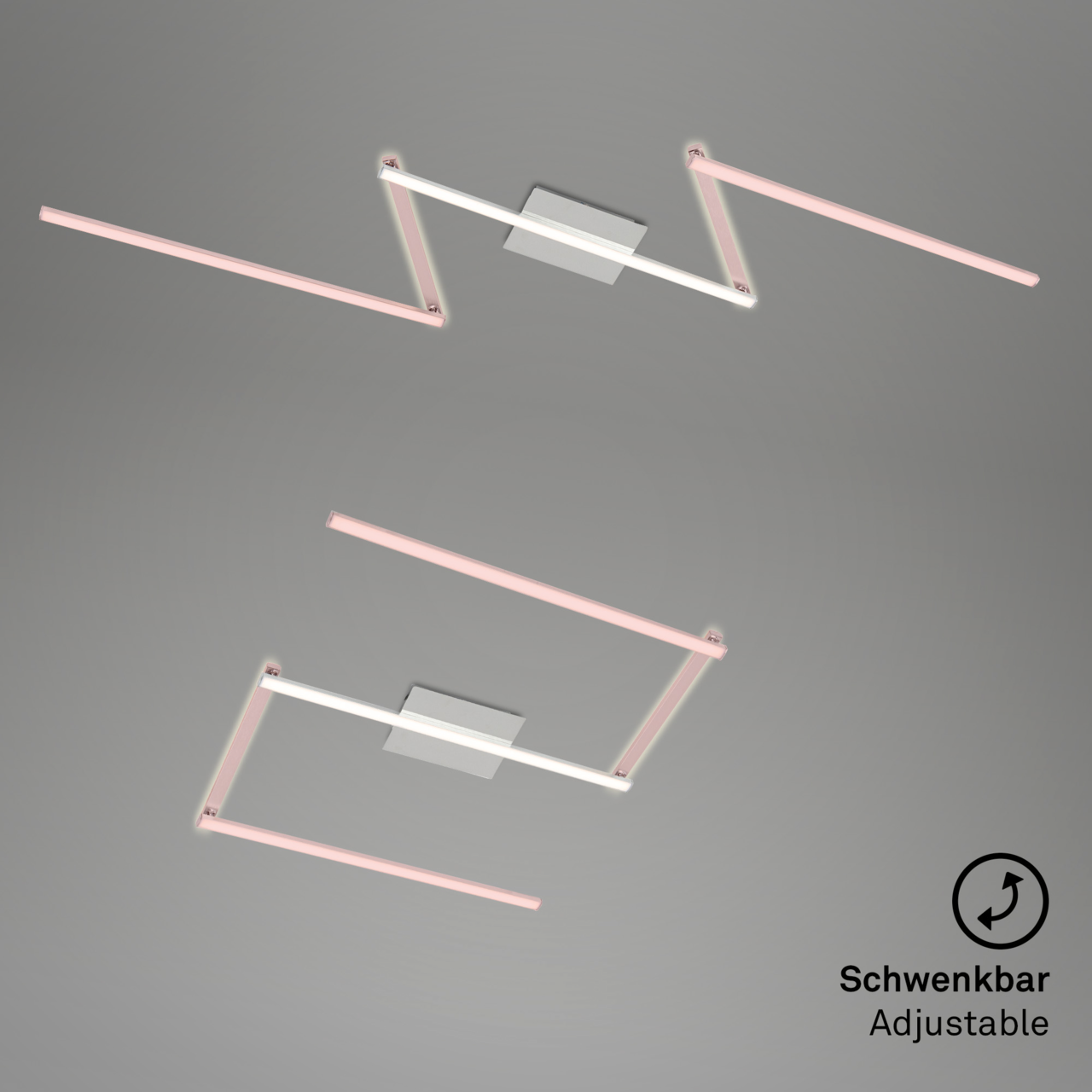 Moderne LED-Deckenleuchte mit verstellbaren, pinkfarbenen Lichtleisten, Ansicht von unten.