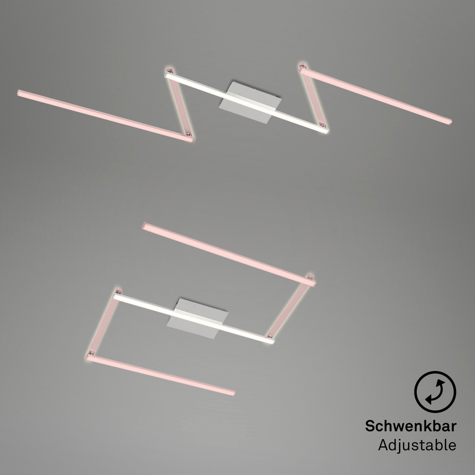 Moderne LED-Deckenleuchte mit verstellbaren, pinkfarbenen Lichtleisten, Ansicht von unten.