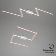 Moderne LED-Deckenleuchte mit verstellbaren, pinkfarbenen Lichtleisten, Ansicht von unten.