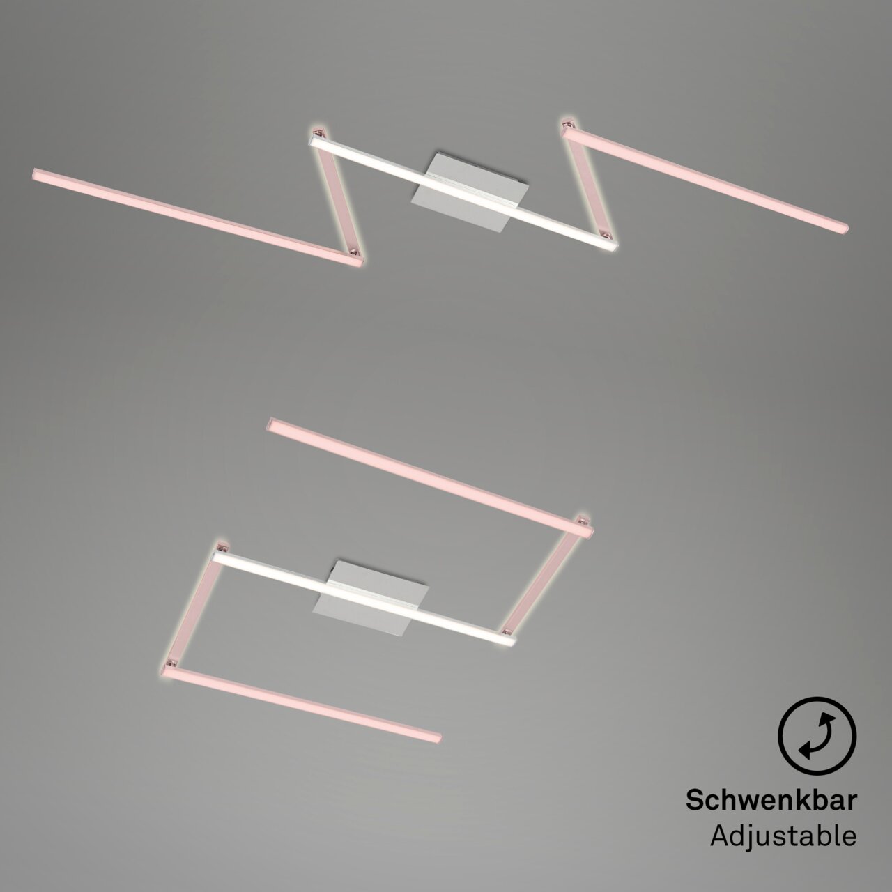Moderne LED-Deckenleuchte mit verstellbaren, pinkfarbenen Lichtleisten, Ansicht von unten.