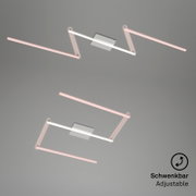 Moderne LED-Deckenleuchte mit verstellbaren, pinkfarbenen Lichtleisten, Ansicht von unten.