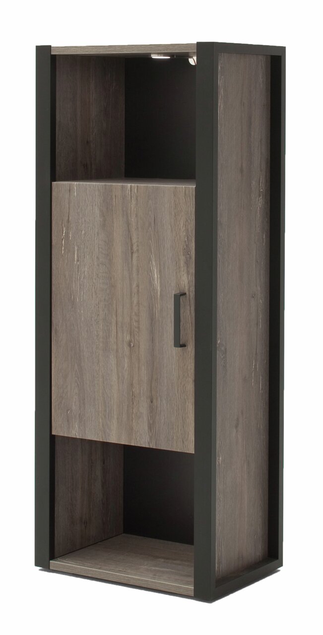 Modern houten hoogkast met zwart frame, vooraanzicht