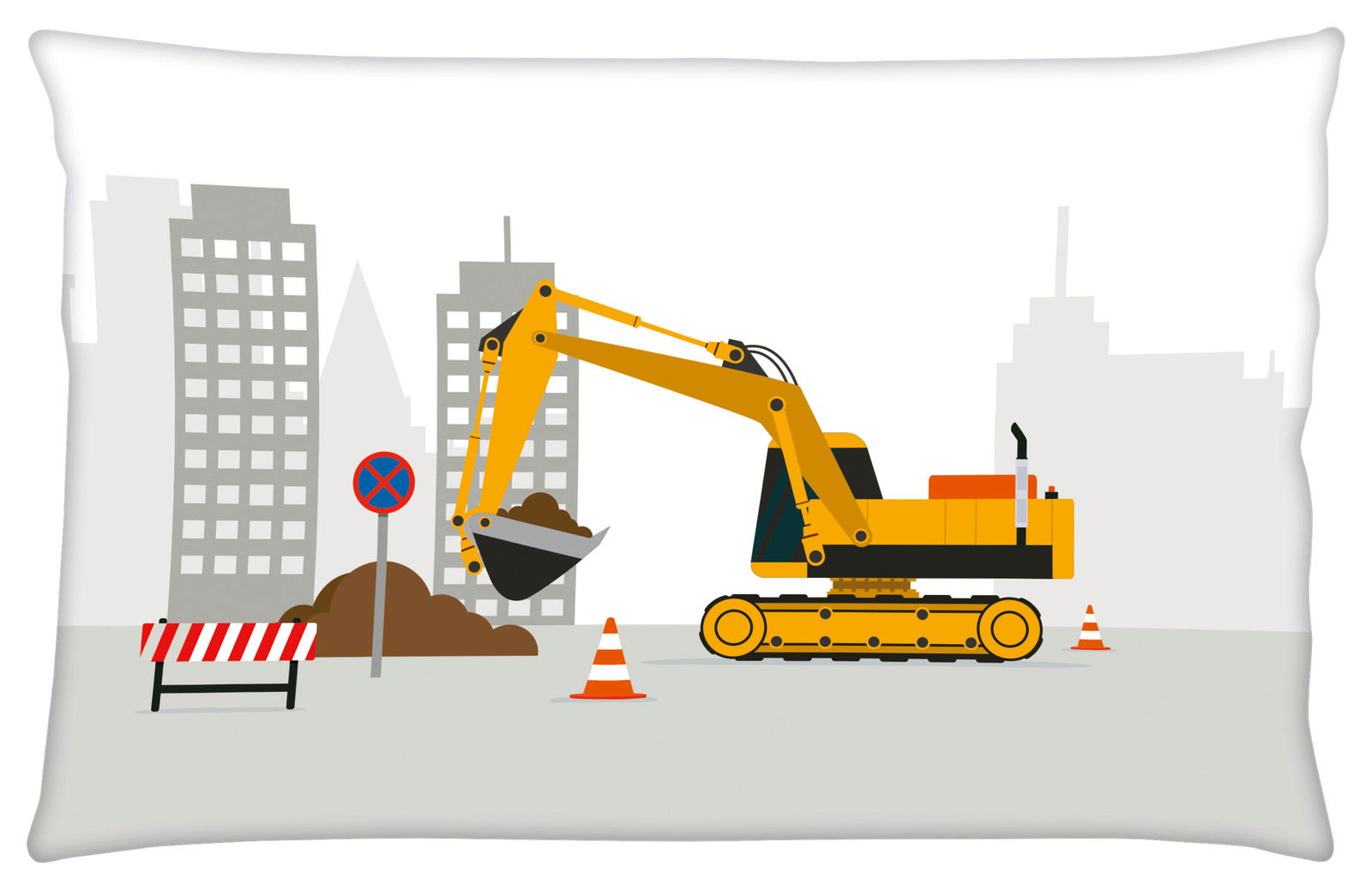 Kissenbezug mit Baustellenmotiv, zeigt einen gelben Bagger auf einer Baustelle mit Hochhäusern im Hintergrund, aus seitlicher Perspektive.
