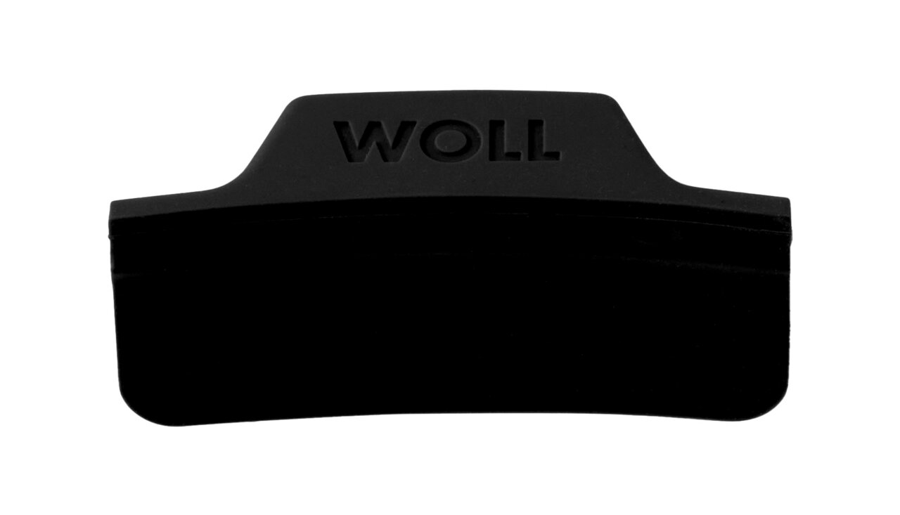 Grauer, eckiger Silikongriff mit der Aufschrift 'WOLL', Ansicht von vorne.