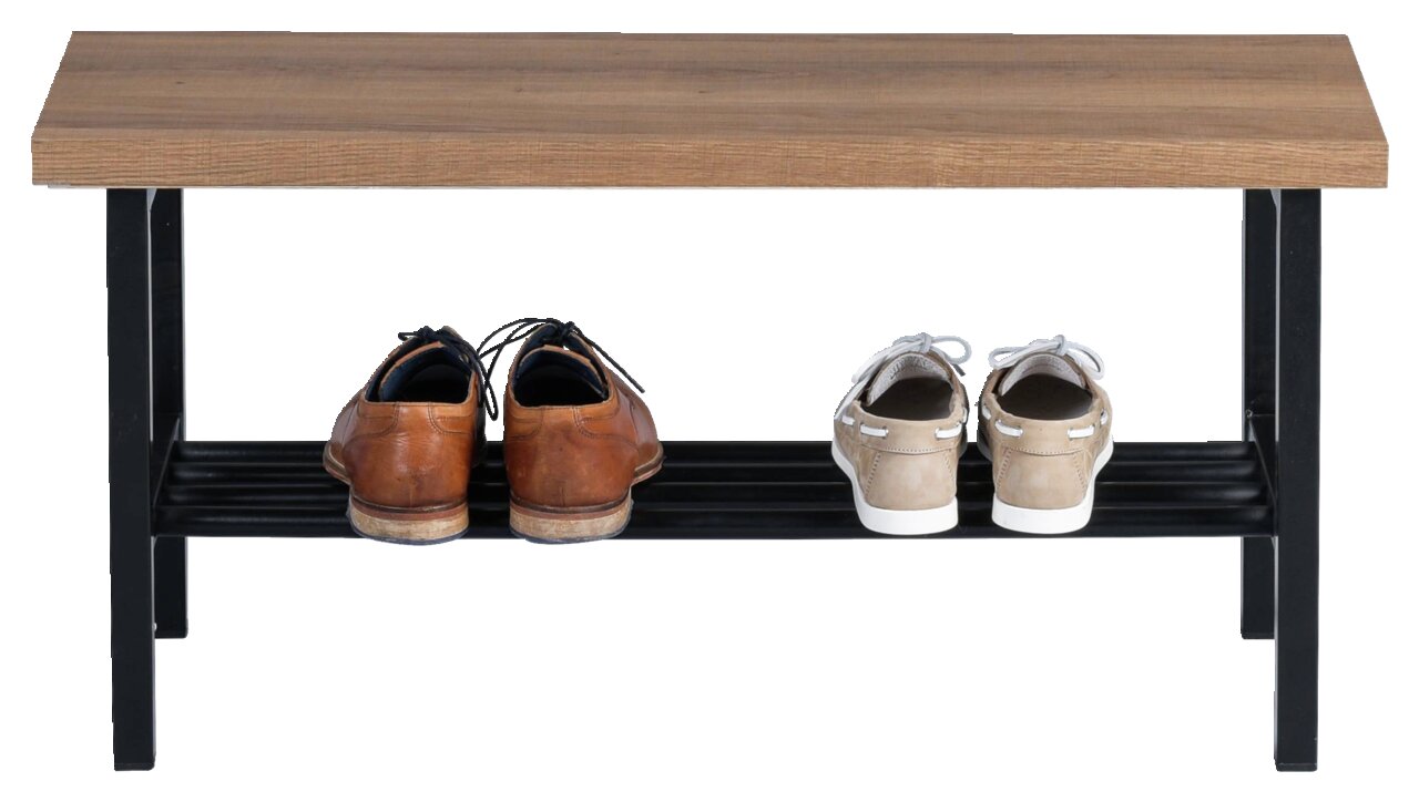 Linea Natura Garderobenbank LENZ Garderobenbank aus Holz mit schwarzem Metallgestell, frontal fotografiert, mit zwei Paar Schuhen auf der unteren Ablage.