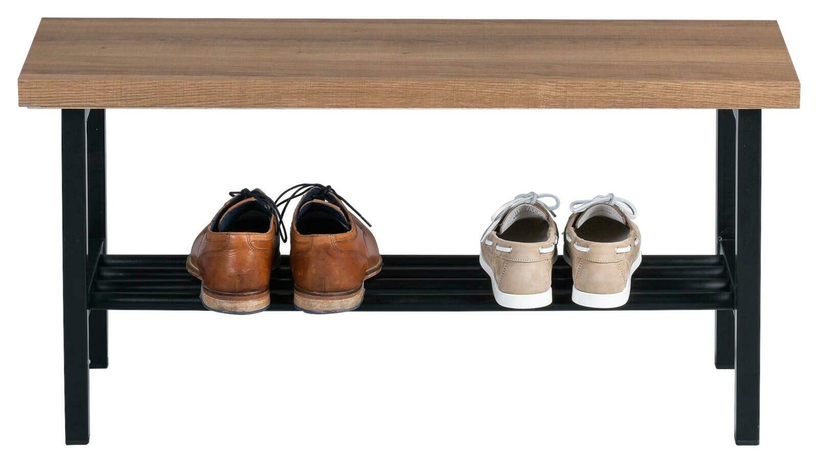 Garderobenbank aus Holz mit schwarzem Metallgestell, frontal fotografiert, mit zwei Paar Schuhen auf der unteren Ablage.