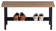 Houten garderobebank met zwart metalen frame, gefotografeerd van voren, met twee paar schoenen op het onderste schap.