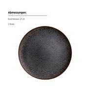 Runder, dunkel gesprenkelter Keramik-Teller in Schwarz mit braunem Rand, Durchmesser 21 cm (2 Stück), Draufsicht auf weißem Hintergrund